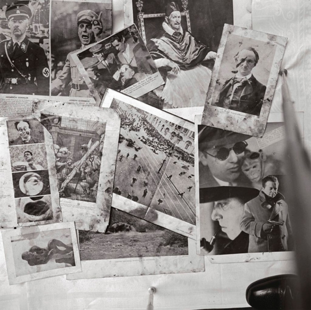 Montage of material from Bacon's Studio (including pictures of Velázquez's Innocent X, The Thinker by Rodin etc.) 7 Cromwell Place, c. 1950