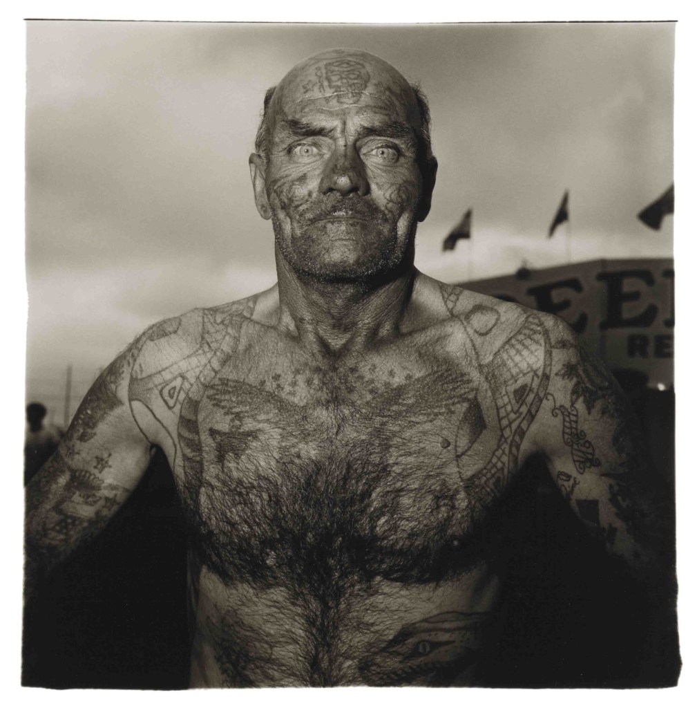 Diane Arbus (American, 1923-1971) 'Tattooed Man at a Carnival, Md.' 1970 from the exhibition 'Diane Arbus' at the National Museum of Wales, Cardiff, may- Aug, 2009 Diane Arbus (American, 1923-1971) 'Tattooed Man at a Carnival, Md.' 1970 from the exhibition 'Diane Arbus' at the National Museum of Wales, Cardiff, may- Aug, 2009
