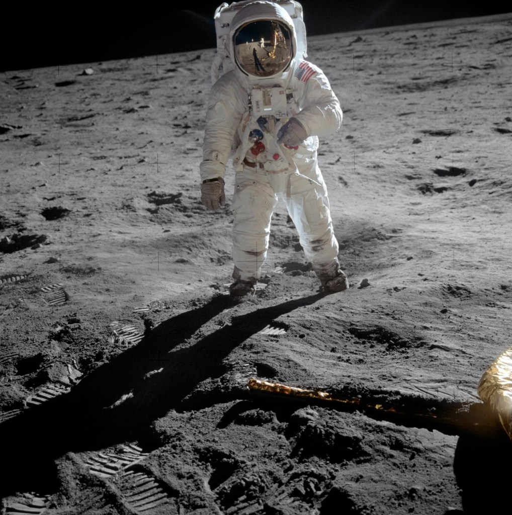 NASA, Washington, D.C. (United States est. 1958, manufacturer) / Neil Armstrong (American 1930-2012, photographer) 'Astronaut Buzz Aldrin, lunar module pilot, walks on the surface of the Moon near the leg of the Lunar Module (LM)' 1969 from the exhibition 'Light Years: Photography and Space' at the National Gallery of Victoria International, Melbourne, May - Sept, 2009 NASA, Washington, D.C. (United States est. 1958, manufacturer) / Neil Armstrong (American 1930-2012, photographer) 'Astronaut Buzz Aldrin, lunar module pilot, walks on the surface of the Moon near the leg of the Lunar Module (LM)' 1969 from the exhibition 'Light Years: Photography and Space' at the National Gallery of Victoria International, Melbourne, May - Sept, 2009