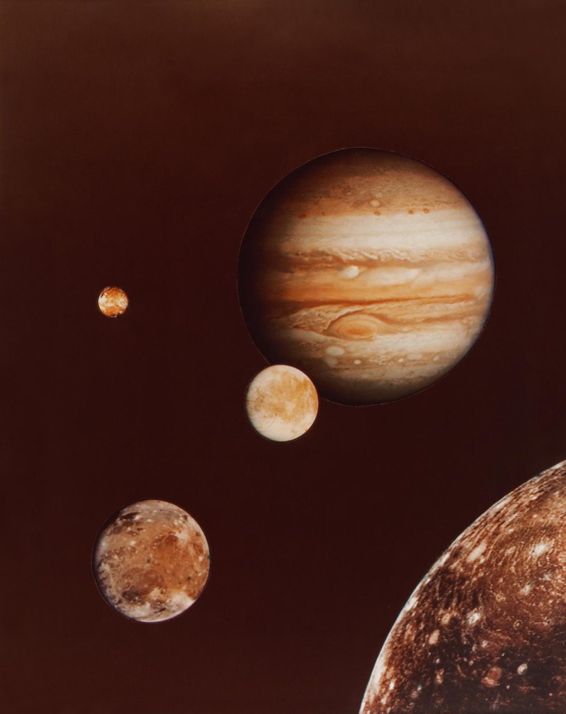 NASA, Washington, D.C. (United States est. 1958, manufacturer) / Voyager 1 (photographer) 'Photo collage of Jupiter and its four largest moons; from early March Voyager I photos' 1979 NASA, Washington, D.C. (United States est. 1958, manufacturer) / Voyager 1 (photographer) 'Photo collage of Jupiter and its four largest moons; from early March Voyager I photos' 1979
