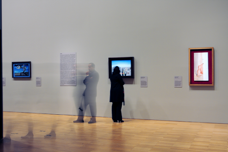 In the centre 'The First Days of Spring' 1929; to the right 'Surrealist composition' 1928 from the 'Salvador Dalí: Liquid Desire' Winter Masterpieces exhibition at the National Gallery of Victoria, Melbourne