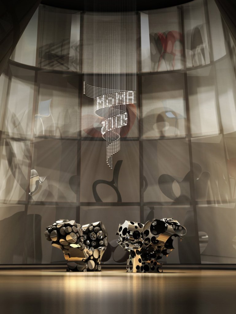 Installation view of 'Ron Arad: No Discipline' exhibition featuring 'Cage sans Frontières (Cage without Borders)' with 'Even the Odd Balls?' chairs (2009) and 'Lolita Chandelier' (2004)