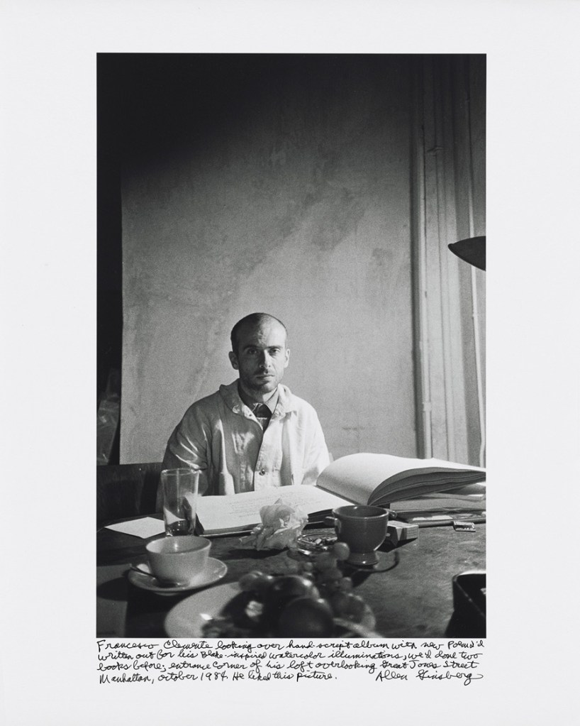 Allen Ginsberg (American, 1926-1997) 'Francesco Clemente looking over hand-script album with new poem I’d written out for his Blake-inspired watercolor illuminations…Manhattan, October 1984' 1984 from the exhibition 'Beat Memories: The Photographs of Allen Ginsberg' at the National Gallery of Art, Washington, D.C., May - Sept, 2010