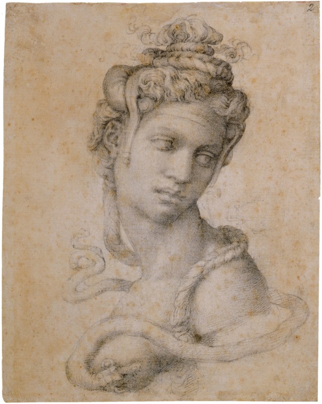 Michelangelo Buonarroti (Italian, 1475-1564) 'Half-Length Figure of Cleopatra' (recto) c. 1533 from the exhibition 'Michelangelo: The Drawings of a Genius' at Albertina, Vienna