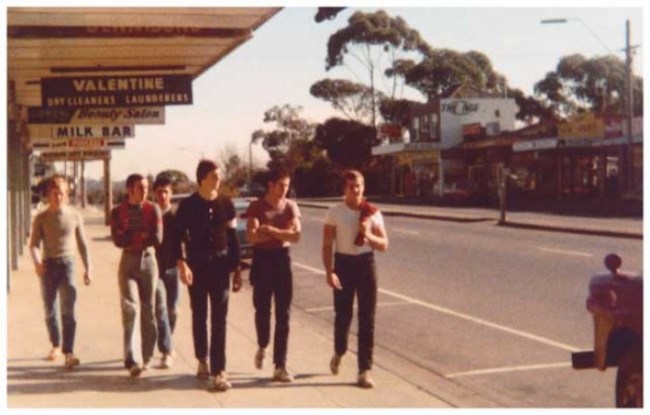 Larry Jenkins (Australian) 'Chad, Jono and Mig, Twig, Beatie and Whitey walking down the street at Blackburn South shops' 1975 from the exhibition 'Mortality' at the Australian Centre for Contemporary Art, Melbourne