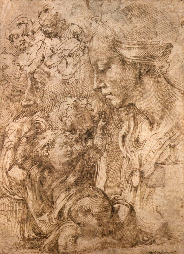 Michelangelo Buonarroti (Italian, 1475-1564) 'Bust of the Virgin Mary in Profile, the Child Reclining on a Cushion, and Other Studies' 1503/1504 from the exhibition 'Michelangelo: The Drawings of a Genius' at Albertina, Vienna