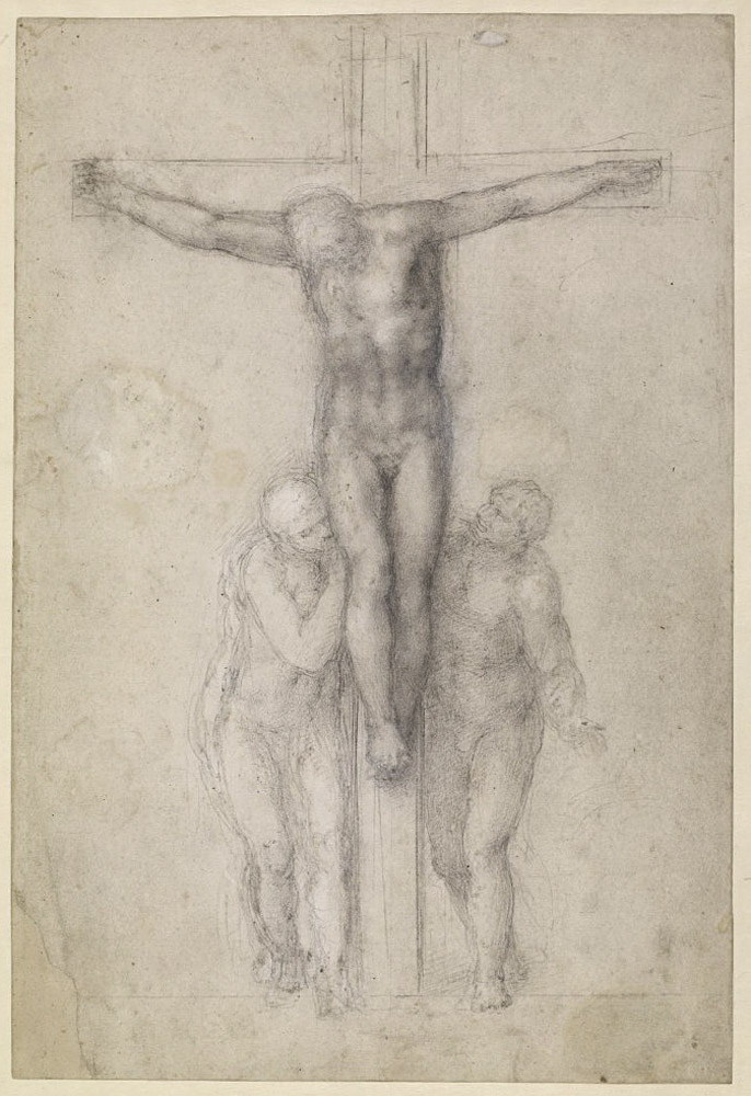 Michelangelo Buonarroti (Italian, 1475-1564) 'Christ on the Cross with the Virgin Mary and Saint John' 1555-1564 from the exhibition 'Michelangelo: The Drawings of a Genius' at Albertina, Vienna