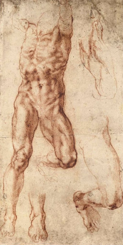 Michelangelo Buonarroti (Italian, 1475-1564) 'Four Studies for the Figure of the Crucified Haman (recto)' c. 1512 from the exhibition 'Michelangelo: The Drawings of a Genius' at Albertina, Vienna