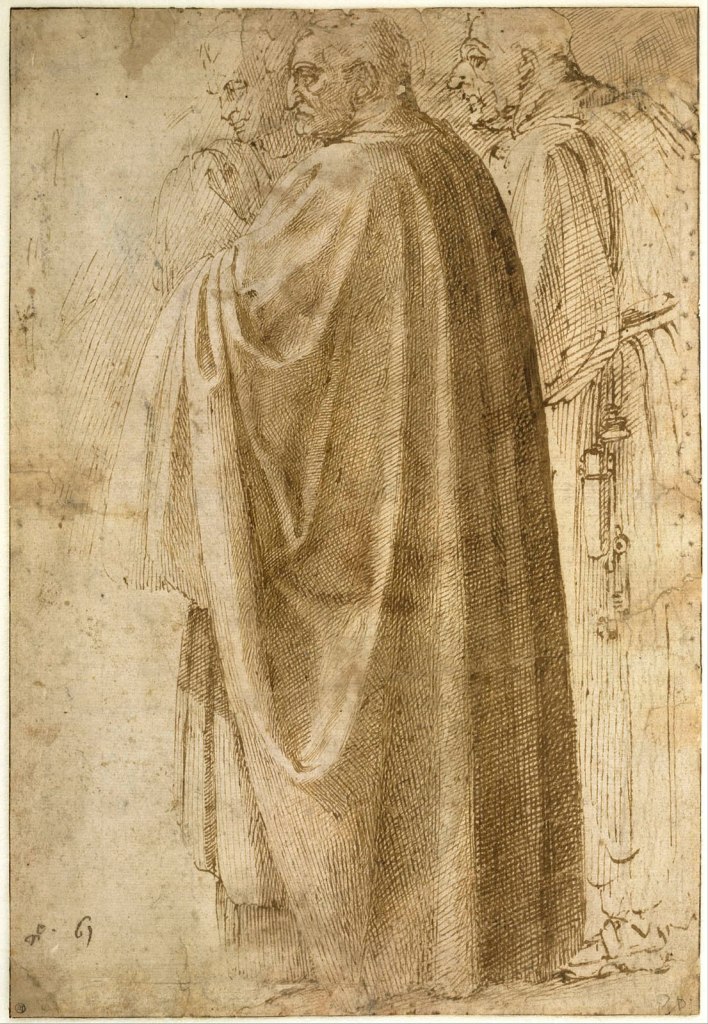 Michelangelo Buonarroti (Italian, 1475-1564) 'Three Men Standing in Wide Coats Turned Towards the Left' around 1492-1496 from the exhibition 'Michelangelo: The Drawings of a Genius' at Albertina, Vienna
