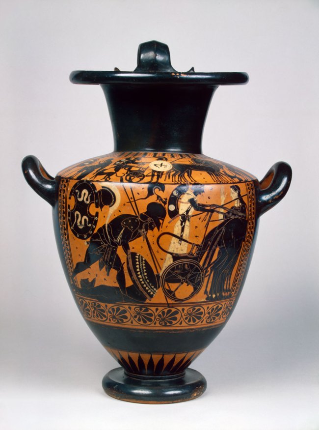 Black-figure hydria: Achilles with Hector's body  c. 510 BC