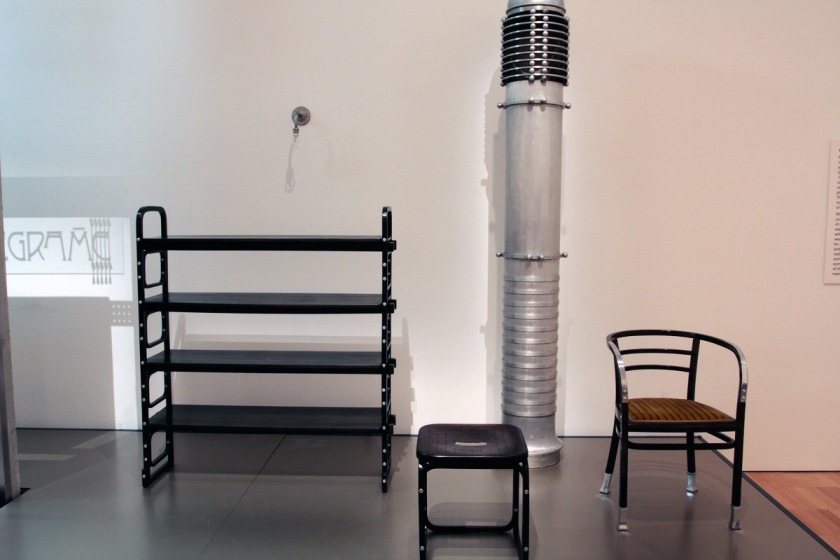 Otto Wagner objects including shelving, stool, chair and hot air blower (rear) in the exhibition 'Vienna - Art & Design' at the National Gallery of Victoria