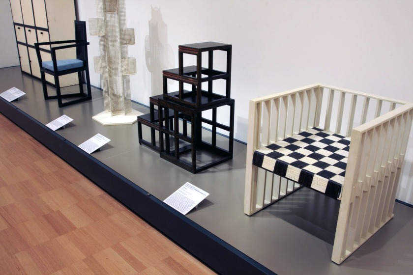 Koloman Moser designer. 'Armchair' 1903 and Josef Hoffmann designer. 'Collapsible library steps' 1905 (installation view)