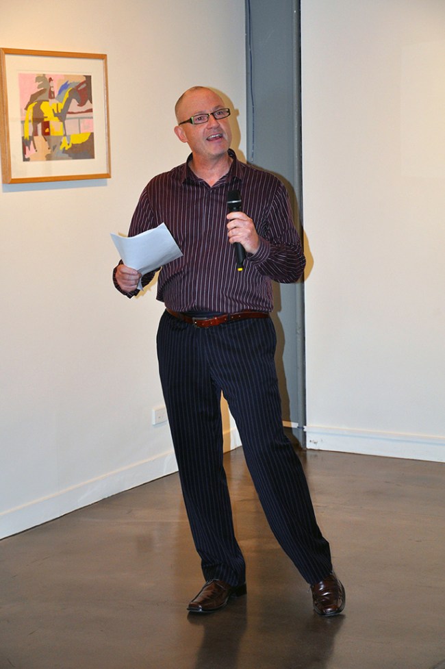 Dr Marcus Bunyan giving the opening night speech at the exhibition 'Movement and Emotion' at Arts Project Australia