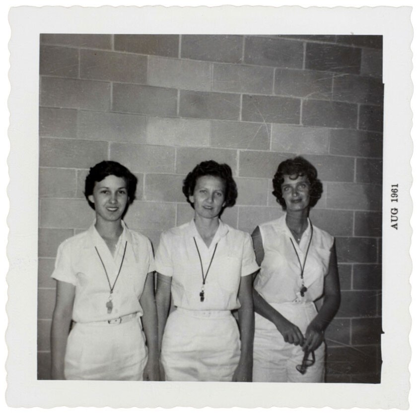 Unknown Maker (American) 'Untitled (Gym Teachers Linda "Sissy" House, Sarah Beth Jordan, Seanne Livingston, 9th Grade)' Printed 1961