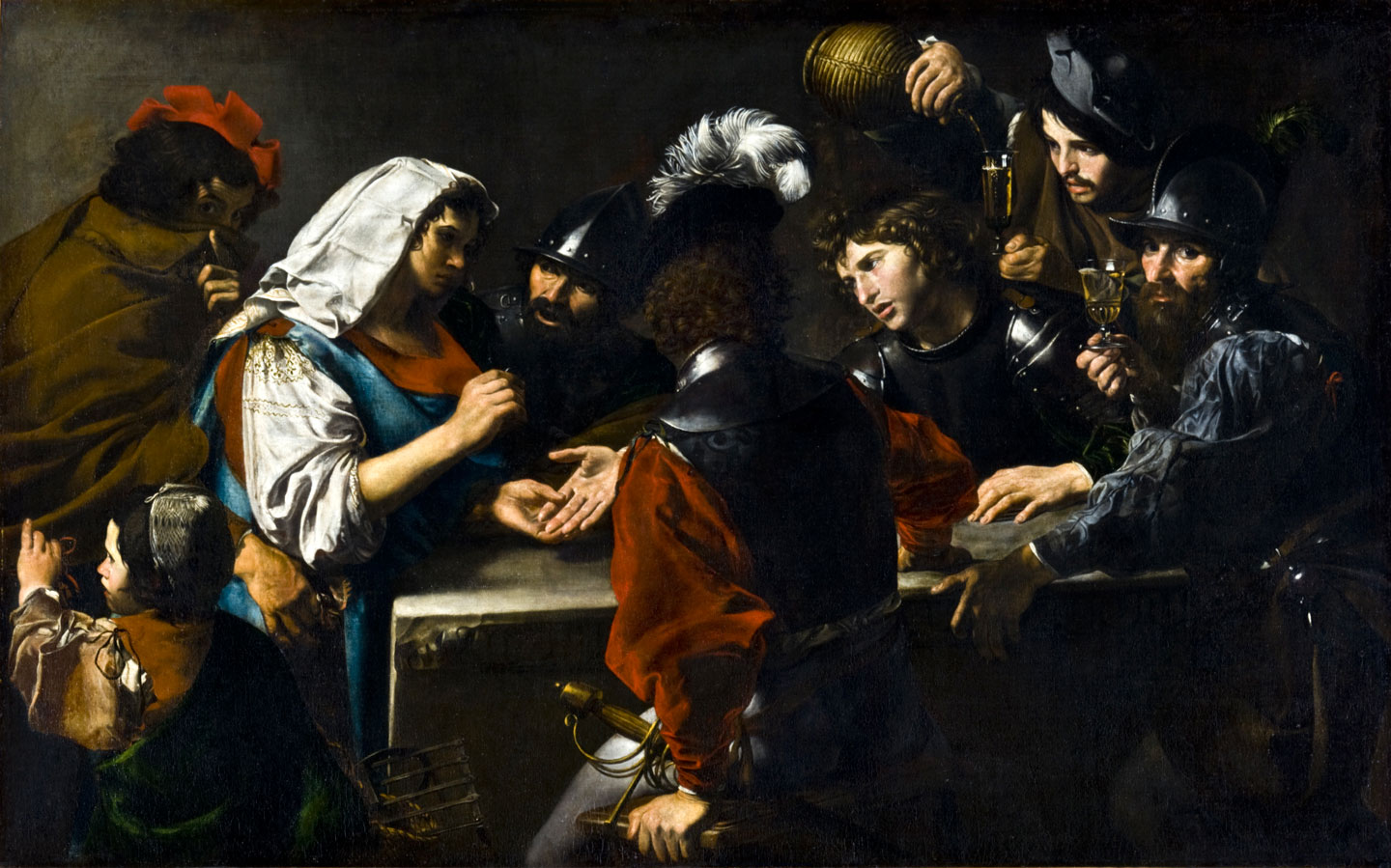 Valentin de Boulogne (French, 1591-1632) 'Fortune Teller with Soldiers' c. 1620 Valentin de Boulogne (French, 1591-1632) 'Fortune Teller with Soldiers' c. 1620