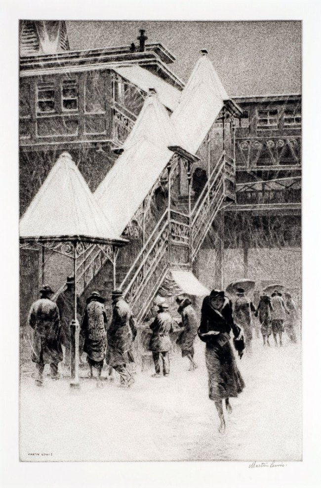Martin Lewis (Australian, 1881-1962). 'Snow on the "El"' 1931
