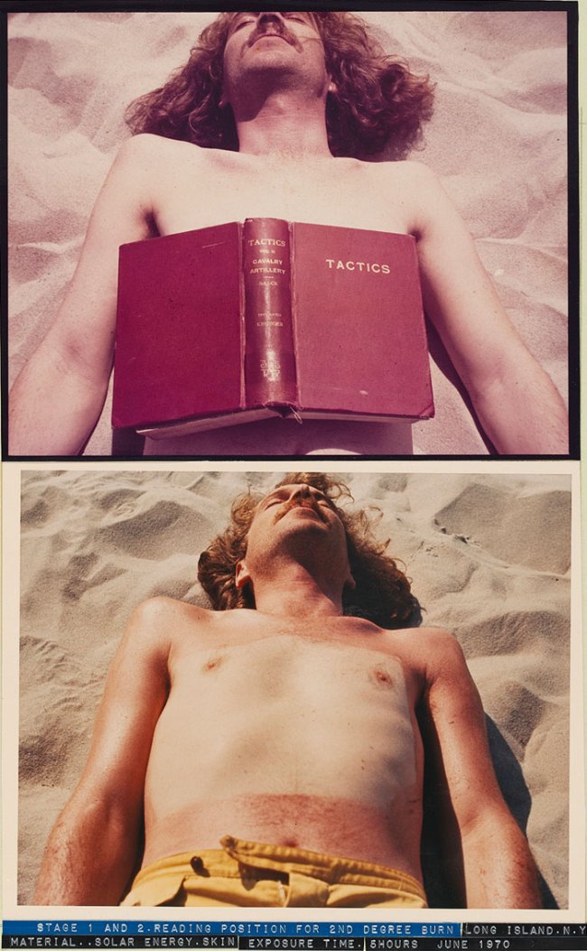 Dennis Oppenheim (American, 1938-2011) 'Stage 1 and 2. Reading Position for 2nd Degree Burn Long Island. N.Y. Material... Solar Energy. Skin Exposure Time. 5 Hours June 1970' 1970