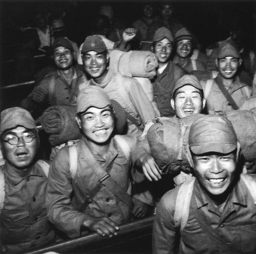 Tadahiko Hayashi (Japanese, 1918-1990) 'Discharged soldiers, Shinagawa Station' Tokyo 1946