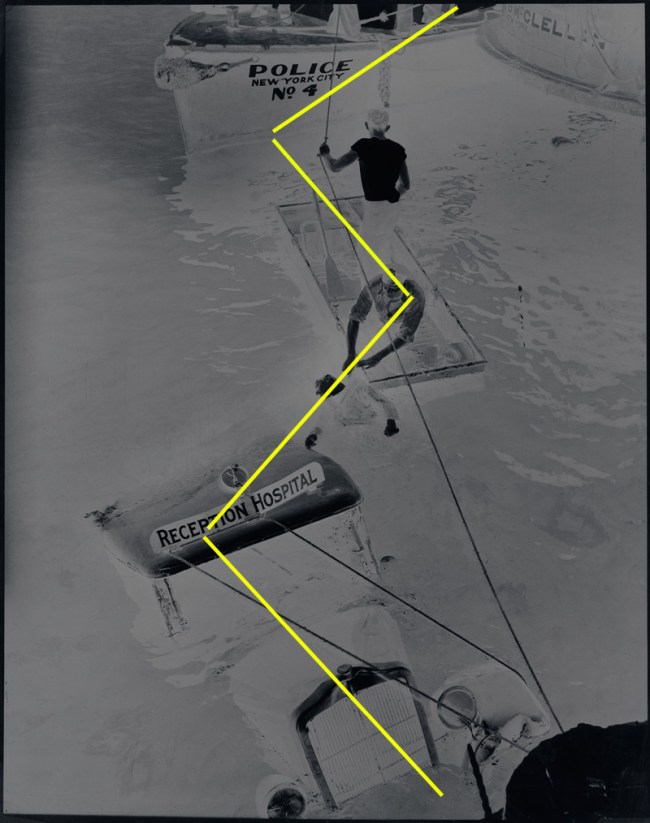 Pictorial construction of Police officer and assistant removing body of Reception Hospital ambulance driver Morris