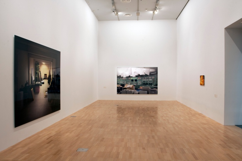 Installation view of 'Thomas Demand' at NGVI showing, at left, 'Vault' 2012 and, at centre, 'Kontrollraum / Control Room' 2011