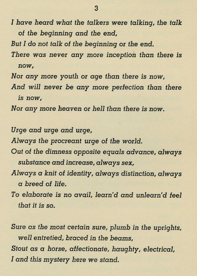 Part of Walt Whitman 'Song of Myself' from 'Leaves of Grass' 1855