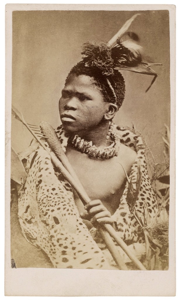 Gray Brothers (Diamond Fields) 'Zulu / Young Warrior in fighting order, and in skin Kaross. Armed with hatchet and assegai' South Africa. c. 1870s