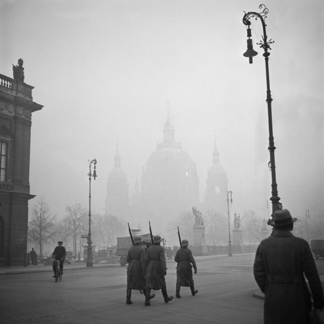 Roman Vishniac (Russian-American, 1897-1990) 'Untitled [Nazi Storm Troopers marching next to the Arsenal in front of the Berlin Cathedral]' c. 1935