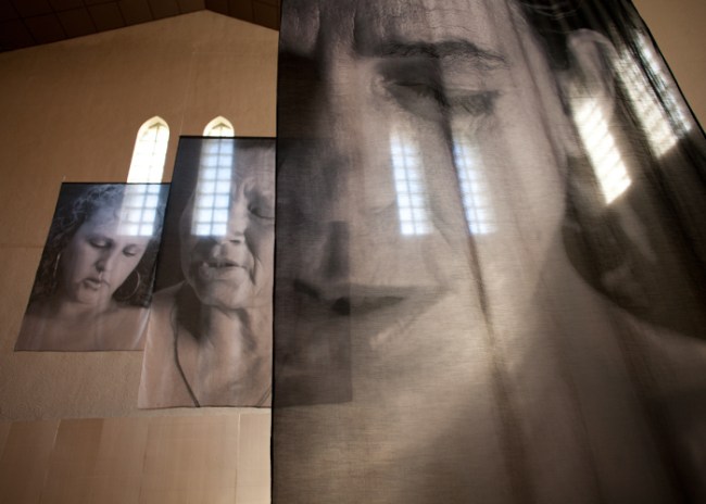 Installation photograph of Erika Diettes 'Sudarios' (Shrouds) at Trinity Episcopal Church. Houston TX [USA] Feb-Apr 2012