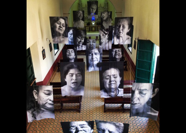 Installation photograph of Erika Diettes 'Sudarios' (Shrouds) at Iglesia de Chinquinquirá (La Chinca). Santa Fe de Antioquia [COL] December 5-9, 2012