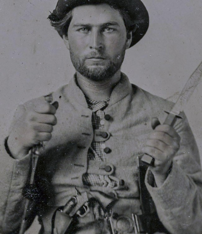 Unknown photographer (American) '[Private James House with Fighting Knife, Sixteenth Georgia Cavalry Battalion, Army of Tennessee]' 1861-1862? (detail)