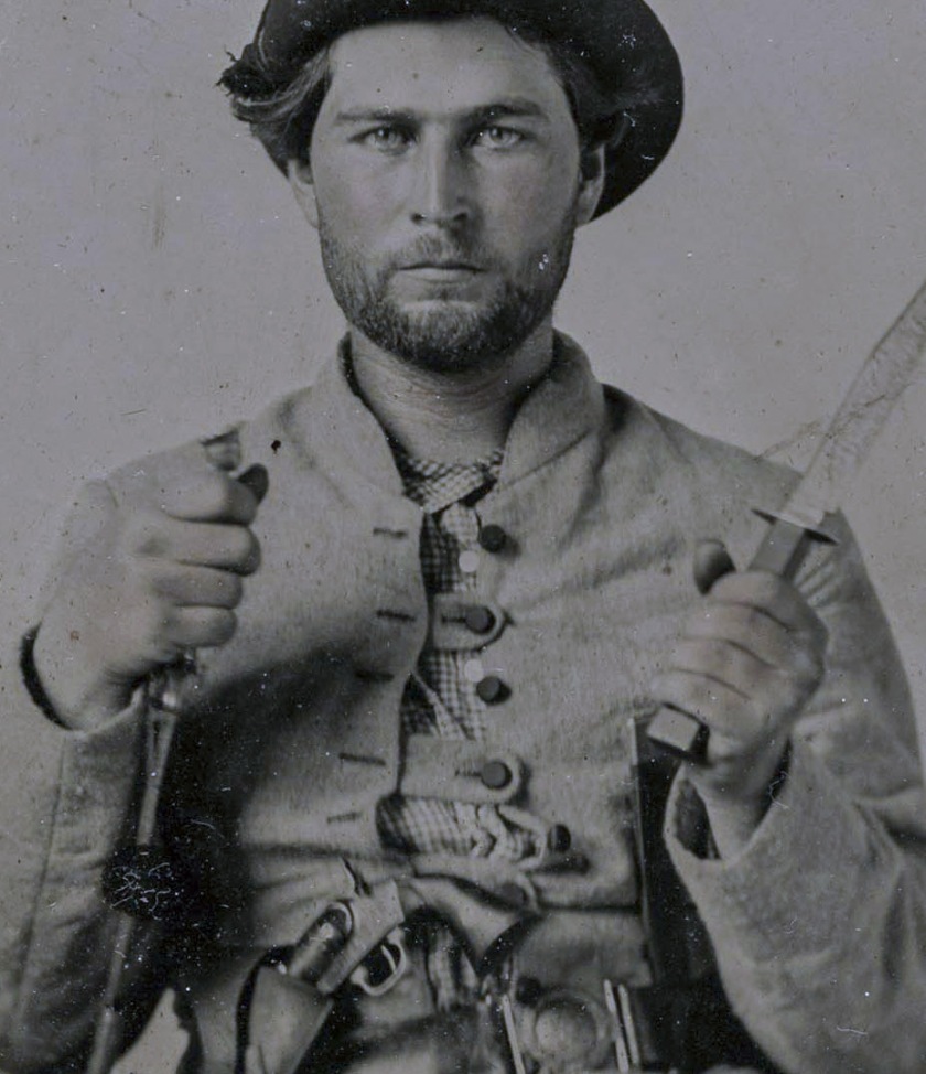 Unknown. '[Private James House with Fighting Knife, Sixteenth Georgia Cavalry Battalion, Army of Tennessee]' 1861-62? (detail)