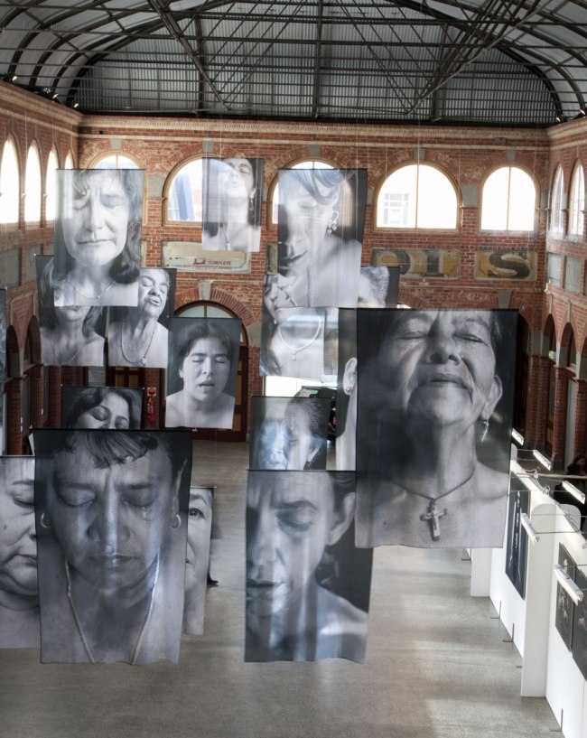 Installation photograph of 'Sudarios (Shrouds)' by Erika Diettes at the Mining Exchange, Ballarat. Photograph by Marcus Bunyan