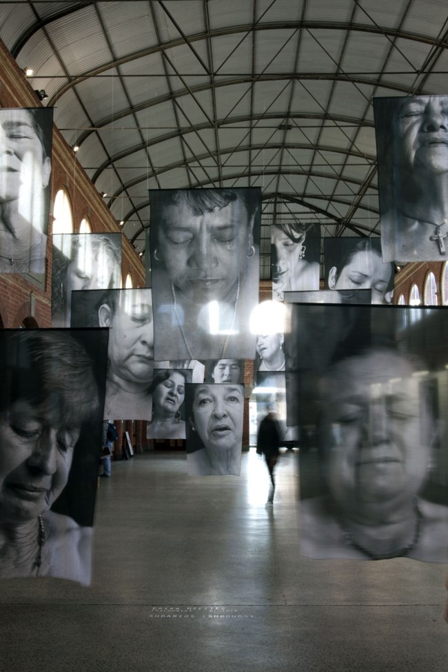 Installation photograph of 'Sudarios (Shrouds)' by Erika Diettes at the Mining Exchange, Ballarat. Photograph by Marcus Bunyan