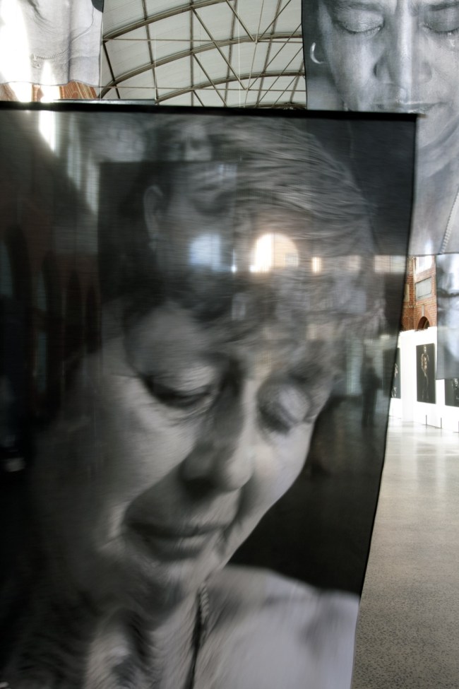 Installation photograph of 'Sudarios (Shrouds)' by Erika Diettes at the Mining Exchange, Ballarat. Photograph by Marcus Bunyan