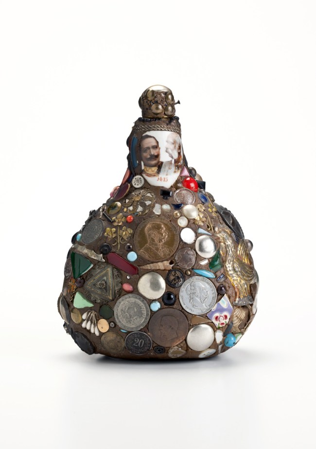 'Bocksbeutel bottle, covered with patriotic motifs and coins' c. 1915