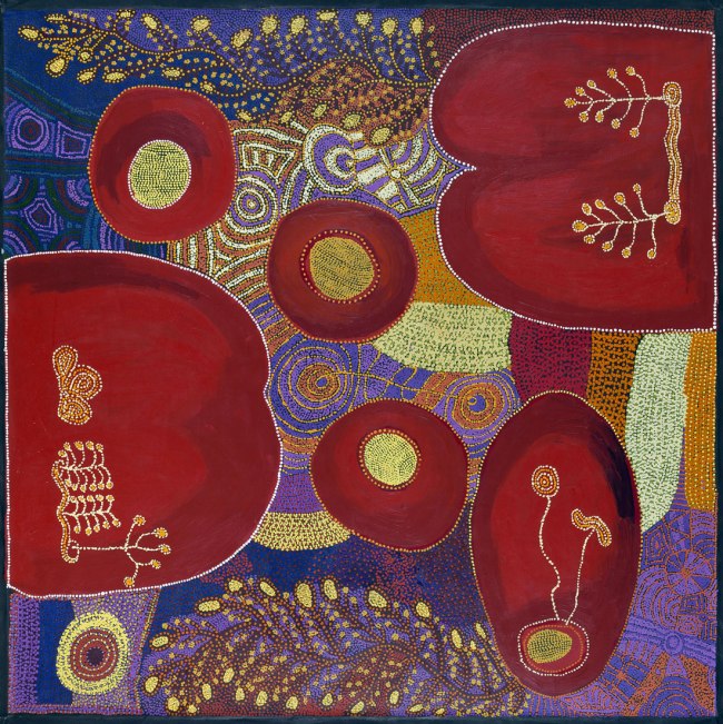 Ruby Tjangawa Williamson (Australian, South Australia b. 1940); Nita Williamson (Australian, South Australia b. 1963); Suzanne Armstrong (Australian, South Australia b. 1980); Pitjantjatjara people (Collaborating artists). 'Ngayuku ngura (My country) Puli murpu (Mountain range)' 2012