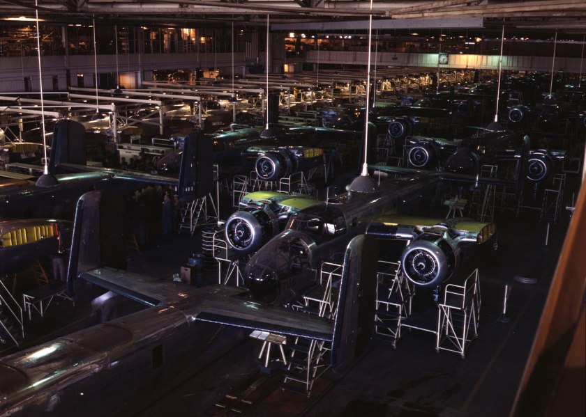Alfred Palmer. 'A view of the B-25 final assembly line at North American Aviation's Inglewood, California, plant' Photo published in 1942