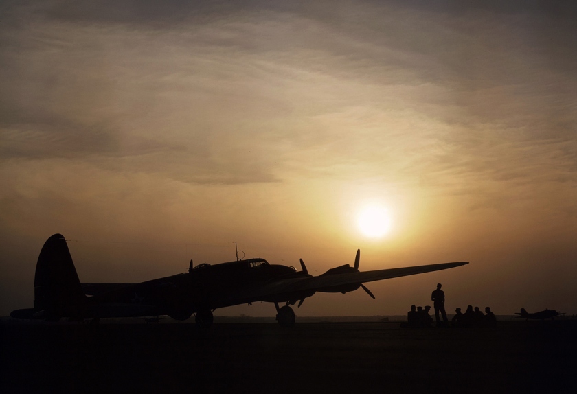Alfred Palmer. 'Sunset silhouette of a flying fortress, at Langley Field, Virginia, in July, 1942' July 1942