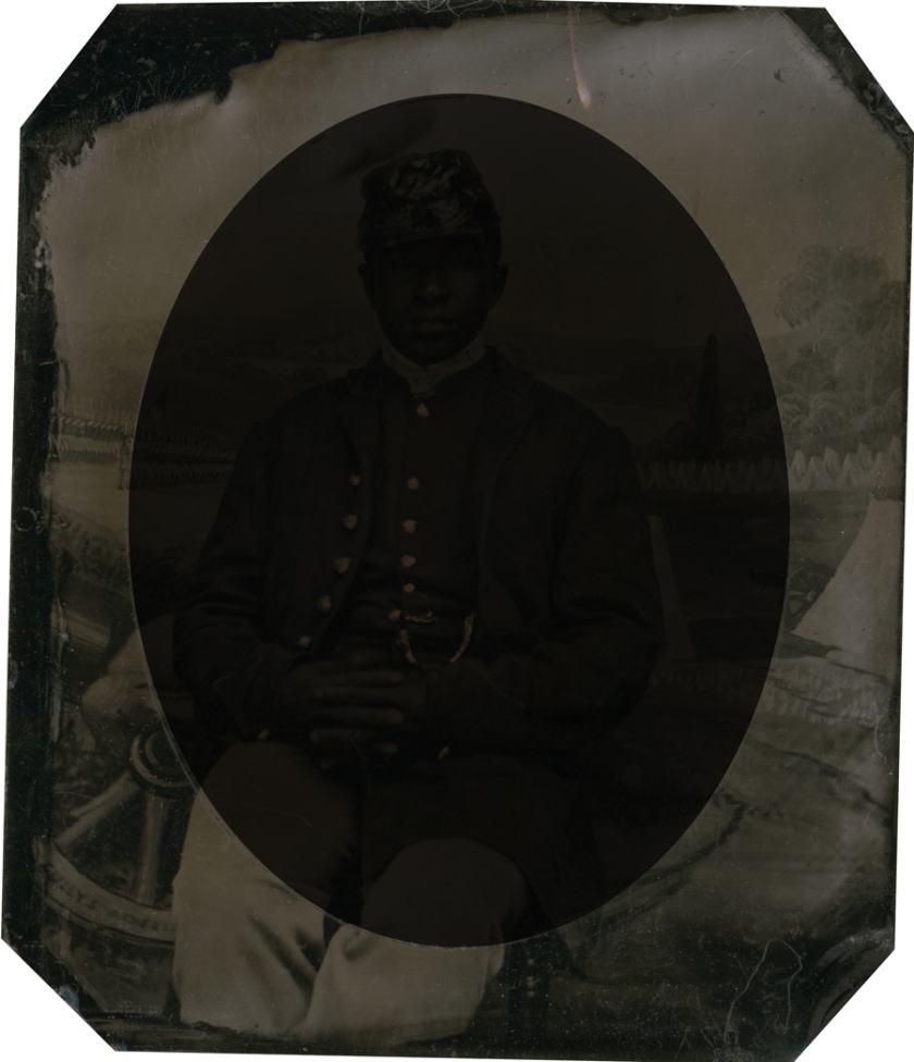 Unknown photographer. 'Private Abraham F. Brown' (inverted with overmat to show background extraneous to portrait) 1863