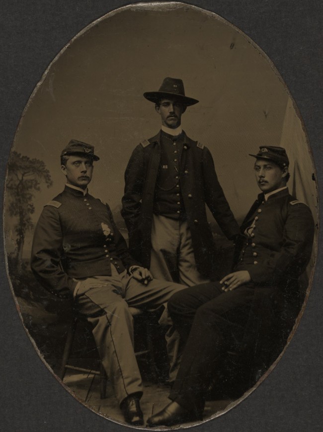 Unknown photographer. 'Second Lieutenant Ezekiel G. Tomlinson, Captain Luis F. Emilio, and Second Lieutenant Daniel Spear' October 12, 1863