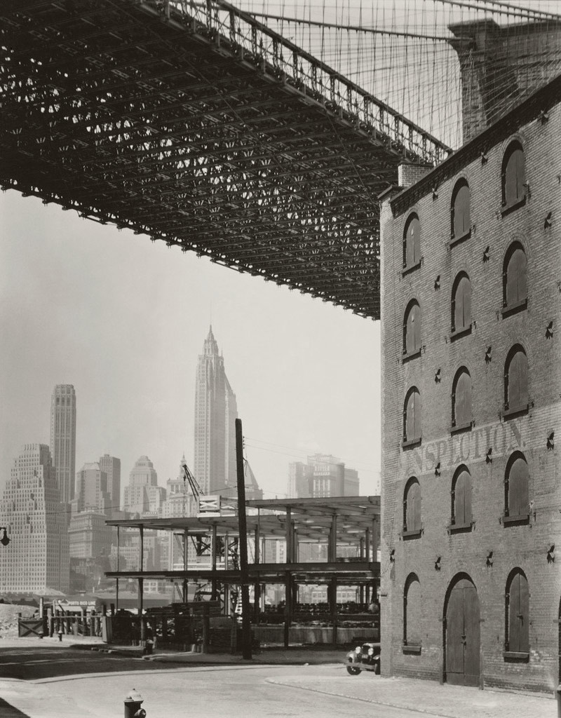 Berenice Abbott (American, 1898-1991) 'Brooklyn Bridge, Water and Dock Streets, Brooklyn' 1936