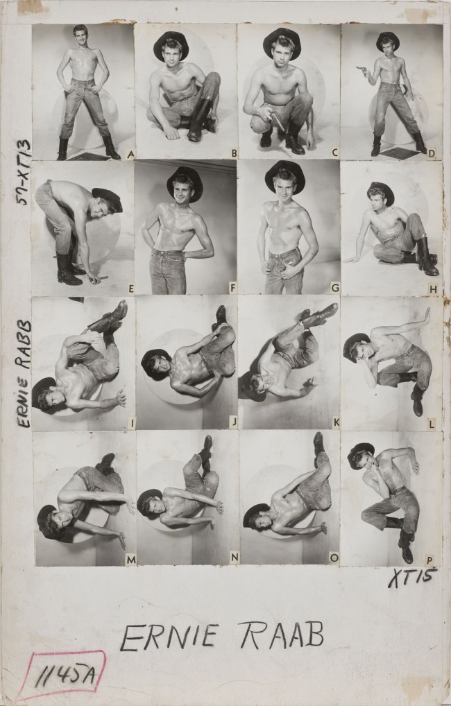 Bob Mizer (American, 1922-1992) 'Athletic Model Guild Catalog Board, Ernie Rabb. [Double-sided; This side Page 57 of XT series]' c. 1957