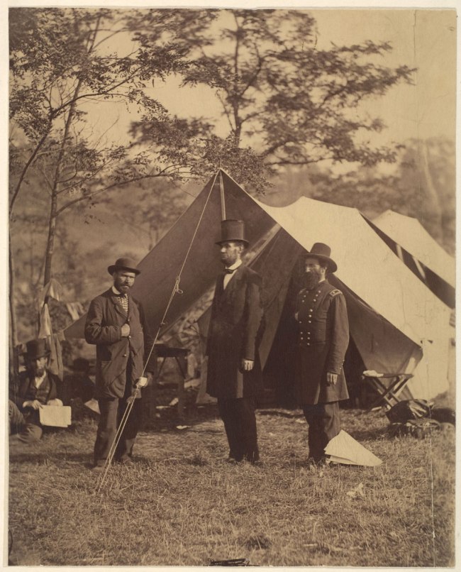 Alexander Gardner (American, Glasgow, Scotland 1821 - 1882 Washington, D.C.) '[President Abraham Lincoln, Major General John A. McClernand (right), and E. J. Allen (Allan Pinkerton, left), Chief of the Secret Service of the United States, at Secret Service Department, Headquarters Army of the Potomac, near Antietam, Maryland]' October 4, 1862