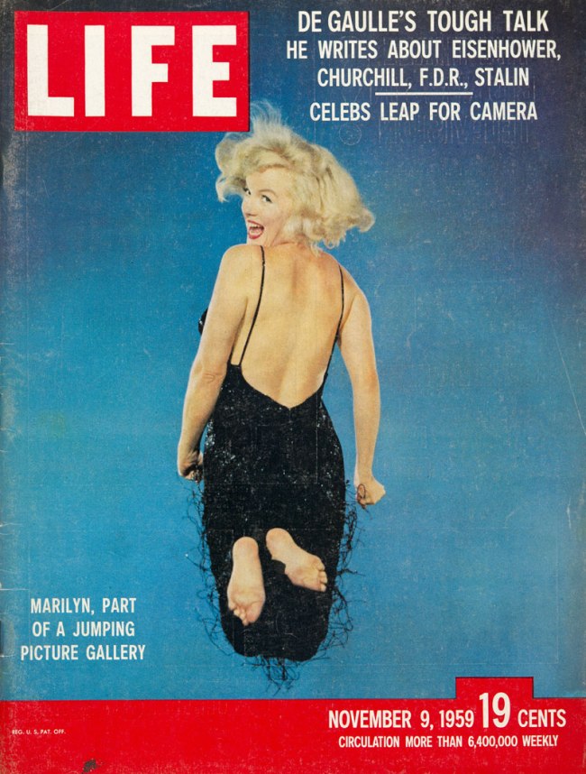 Cover of 'Life' magazine with a portrait of Marilyn Monroe jumping by Philippe Halsman, November 9, 1959