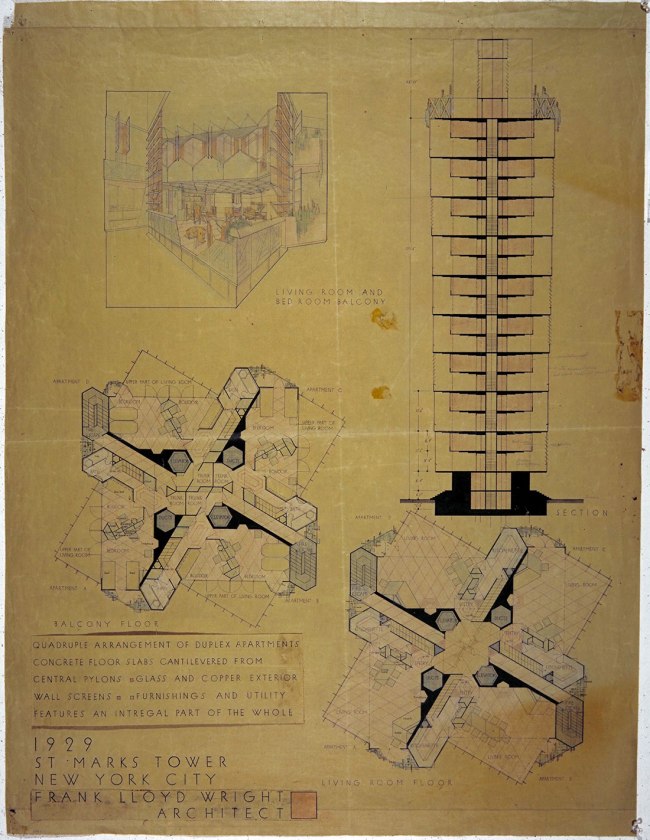 Frank Lloyd Wright (American, 1867-1959) 'St. Mark's-in-the-Bouwerie Tower, New York Project' 1927-1931