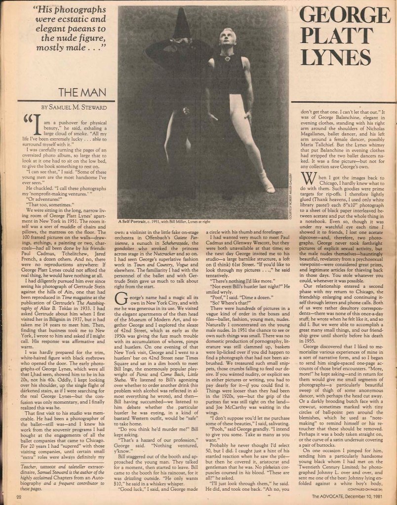 Samuel M. Steward,. "George Platt Lynes," in 'The Advocate', No. 332, December 10, 1981, p.22 Samuel M. Steward,. "George Platt Lynes," in 'The Advocate', No. 332, December 10, 1981, p.22