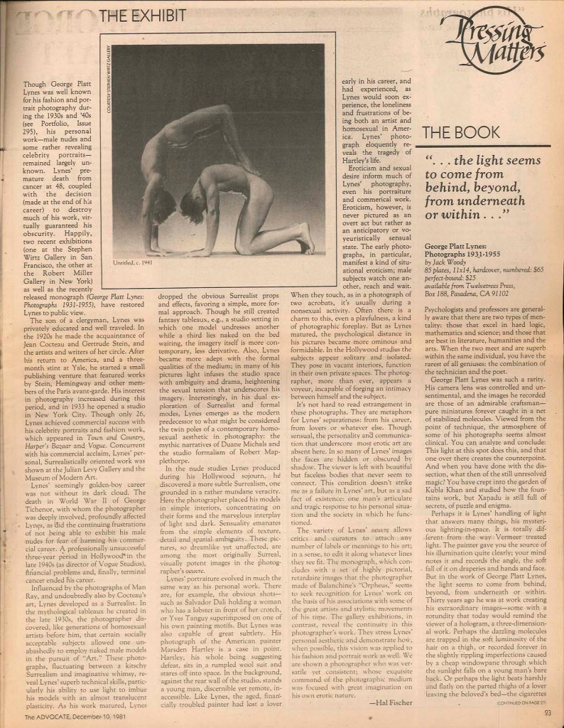 Samuel M. Steward,. "George Platt Lynes," in 'The Advocate', No. 332, December 10, 1981, p.23 Samuel M. Steward,. "George Platt Lynes," in 'The Advocate', No. 332, December 10, 1981, p.23