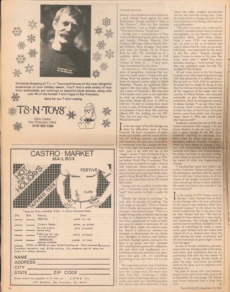 Samuel M. Steward,. "George Platt Lynes," in 'The Advocate', No. 332, December 10, 1981, p.24 Samuel M. Steward,. "George Platt Lynes," in 'The Advocate', No. 332, December 10, 1981, p.24