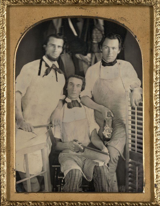 Unknown photographer. 'Three carpenters in their workshop' c. 1848-1850
