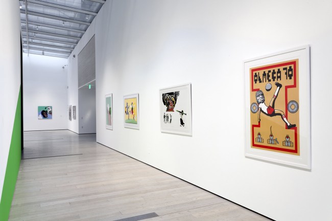 At right: Dewey Tafoya (American) 'Olmeca 1370 BCE' 2013 (installation view)